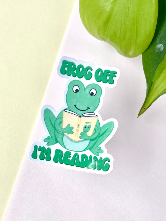 Frog Reading Die Cut Sticker – “Frog Off I’m Reading” 🥑
